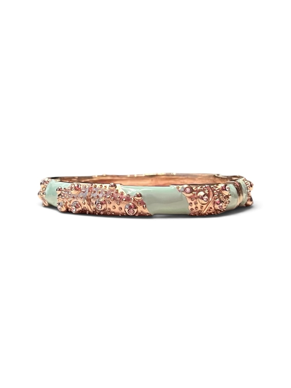 Gold Tone Mint Enamel Crystal Encrusted Hinged Bangle Bracelet